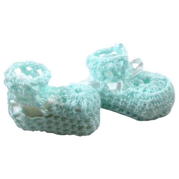 Handmade Crib Booties Baby Shoes Newborn Teal Crochet Knit Ribbon Soft - Picture 1 of 4